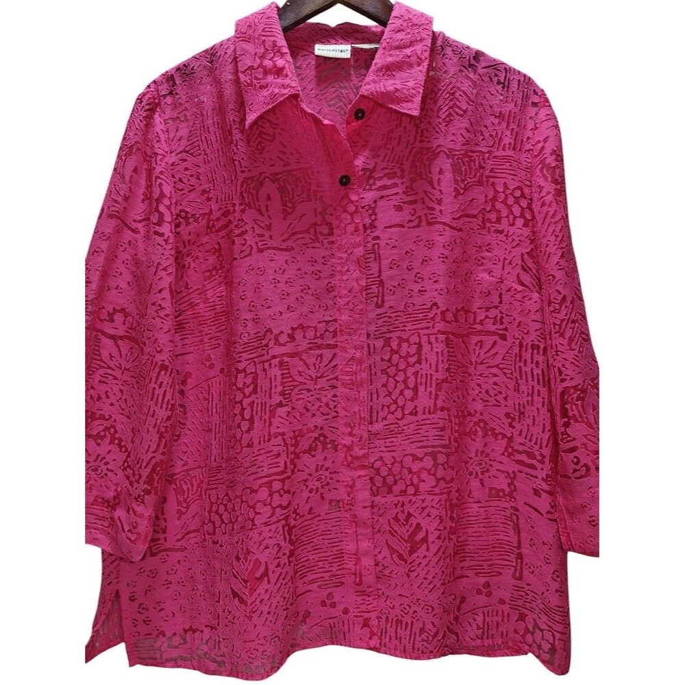 White Stag Plus Blouse 3X Sheer Pink Burnout Button Front 3/4 Sleeve Top